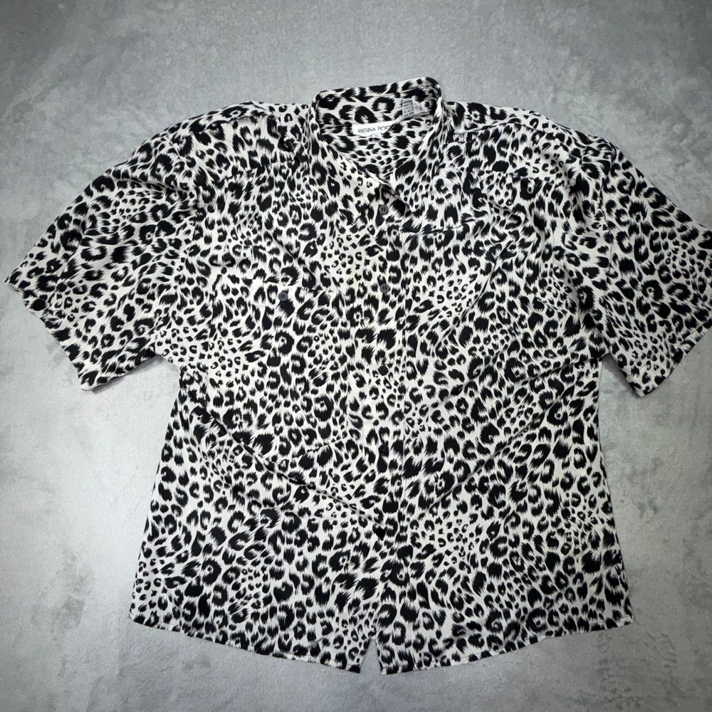 Vintage Regina Porter Leopard‎ Print Button Down Shirt Size 12 Black White 90s